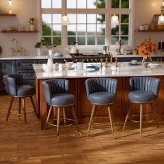 Solfway Swivel Counter Height Bar Stools Set of 4, 24 inch Blue Leather Kitchen Swivel Counter Stools with Backs, Metal Legs and Footrest, Bar Chairs for Kitchen Island