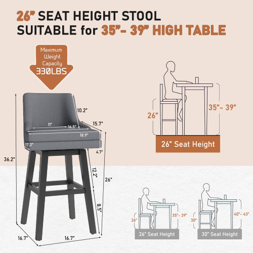 Solfway Bar Stools Set of 4, 26" H Upholstered Barstools with Backs, Swivel Modern Counter Height Bar Stool Chairs for Kitchen Island, Wood Legs, Gray Fabric Counter Stools - Image 2