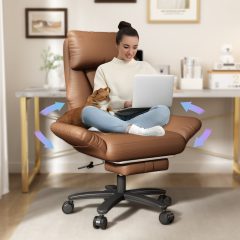 Solfway Criss Cross Desk Chair, Cross Legged Office Chair with Wheels, Brown Leather Big and Tall Reclining Office Chair 500lbs with Foot Rest, Reversible Armrests & Wide Seat