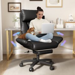Solfway Criss Cross Desk Chair, Cross Legged Office Chair with Wheels, Black Leather Big and Tall Reclining Office Chair 500lbs with Foot Rest, Reversible Armrests & Wide Seat