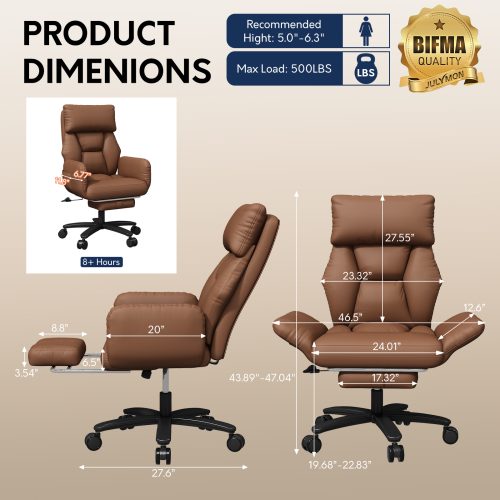 Solfway Criss Cross Desk Chair, Cross Legged Office Chair with Wheels, Brown Leather Big and Tall Reclining Office Chair 500lbs with Foot Rest, Reversible Armrests & Wide Seat - Image 2