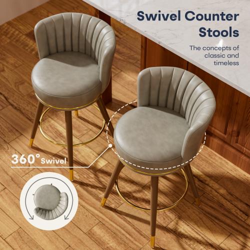 Solfway Counter Height Bar Stools, Round Seat Swivel Bar Stool Set of 4, 26 inch Low Back Leather Bar Chair with Wood Leg for Kitchen Island 300lbs, Grey - Image 6