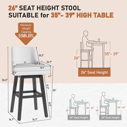 Solfway Bar Stools Set of 6, 26" H Upholstered Barstools with Backs, Swivel Modern Counter Height Bar Stool Chairs for Kitchen Island, Wood Legs, White Fabric Counter Stools - Image 2
