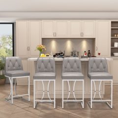 Solfway Bar Stools Set of 6, 24" Kitchen Counter Height Bar Stools with Back Golden Metal Legs and Footrest, Gray Leather Barstools for Kitchen Island