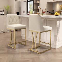 Solfway 24" Counter Height Bar Stools Set of 2, White Leather Counter Stools Bar Chairs with Back and Gold Metal Frame for Kitchen Island