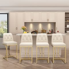 Solfway 24" Counter Height Bar Stools Set of 4, White Leather Counter Stools Bar Chairs with Back and Gold Metal Frame for Kitchen Island