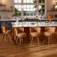 Solfway Swivel Counter Height Bar Stools Set of 4, 24 inch Brown Leather Kitchen Swivel Counter Stools with Backs, Wood Legs and Footrest, Bar Chairs for Kitchen Island