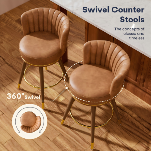 Solfway Swivel Counter Height Bar Stools Set of 2, 24 inch Brown Leather Kitchen Swivel Counter Stools with Backs, Wood Legs and Footrest, Bar Chairs for Kitchen Island - Image 7