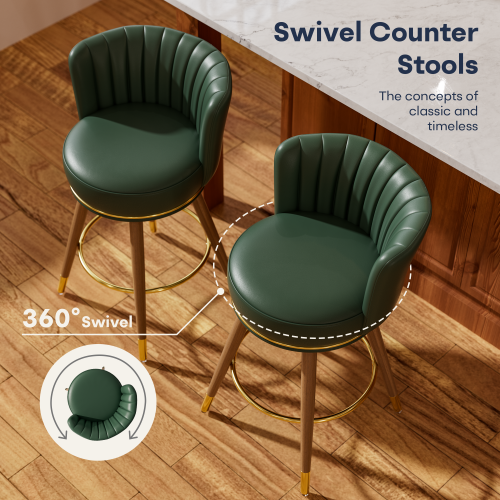 Solfway Swivel Counter Height Bar Stools Set of 4, 24 inch Green Leather Kitchen Counter Stools with Backs, Wood Legs and Footrest, Bar Chairs for Kitchen Island - Image 3