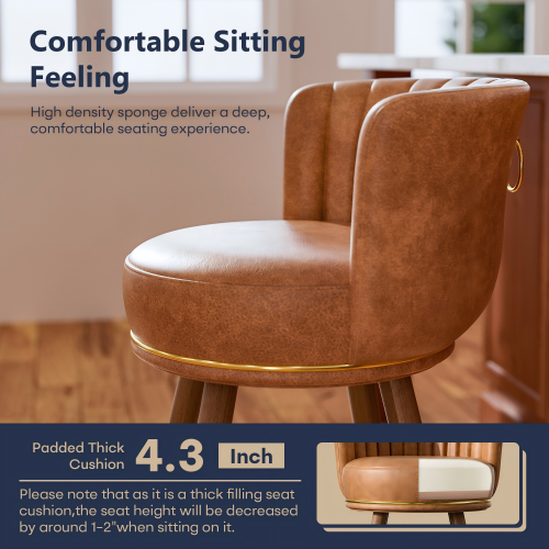 Solfway Swivel Counter Height Bar Stools Set of 2, 24 inch Brown Leather Kitchen Swivel Counter Stools with Backs, Wood Legs and Footrest, Bar Chairs for Kitchen Island - Image 4