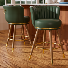 Solfway Swivel Counter Height Bar Stools Set of 2, 24 inch Green Leather Kitchen Swivel Counter Stools with Backs, Wood Legs and Footrest, Bar Chairs for Kitchen Island