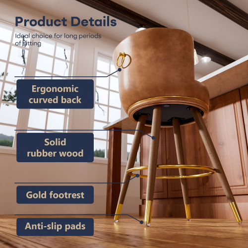 Solfway Swivel Counter Height Bar Stools Set of 2, 24 inch Brown Leather Kitchen Swivel Counter Stools with Backs, Wood Legs and Footrest, Bar Chairs for Kitchen Island - Image 5
