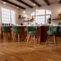 Solfway Swivel Counter Height Bar Stools Set of 4, 24 inch Green Leather Kitchen Counter Stools with Backs, Wood Legs and Footrest, Bar Chairs for Kitchen Island