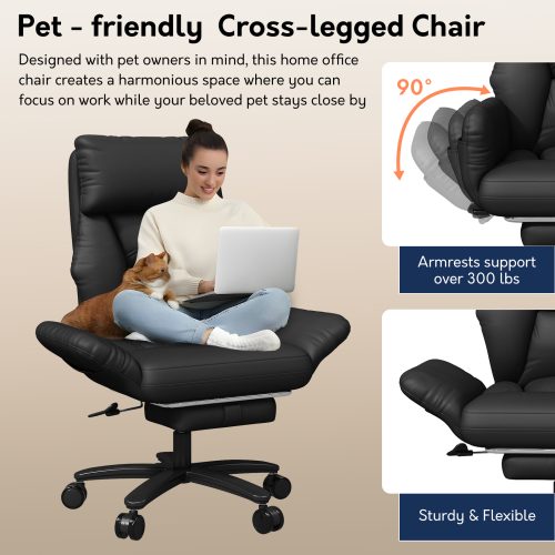 Solfway Criss Cross Desk Chair, Cross Legged Office Chair with Wheels, Black Leather Big and Tall Reclining Office Chair 500lbs with Foot Rest, Reversible Armrests & Wide Seat - Image 3