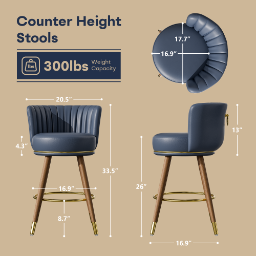 Solfway Counter Height Bar Stools, Round Seat Swivel Bar Stool Set of 2, 26 inch Low Back Leather Bar Chair with Wood Leg for Kitchen Island 300lbs, Navy - Image 2