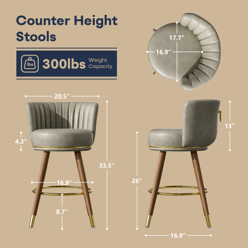 Solfway Counter Height Bar Stools, Round Seat Swivel Bar Stool Set of 4, 26 inch Low Back Leather Bar Chair with Wood Leg for Kitchen Island 300lbs, Grey - Image 2