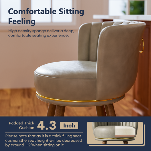 Solfway Counter Height Bar Stools, Round Seat Swivel Bar Stool Set of 4, 26 inch Low Back Leather Bar Chair with Wood Leg for Kitchen Island 300lbs, Grey - Image 4