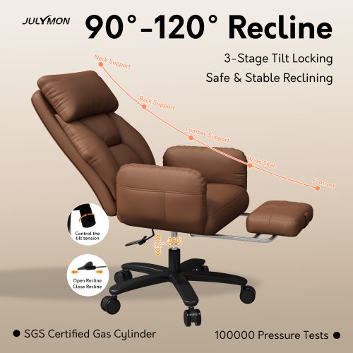 Solfway Criss Cross Desk Chair, Cross Legged Office Chair with Wheels, Brown Leather Big and Tall Reclining Office Chair 500lbs with Foot Rest, Reversible Armrests & Wide Seat - Image 5