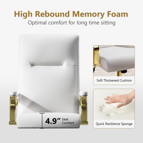 Solfway White and Gold Office Chair Memory Foam, White Leather Computer Desk Chairs with Wheels and Arms, High Back Executive Office Chair for Girl and Women - Image 3