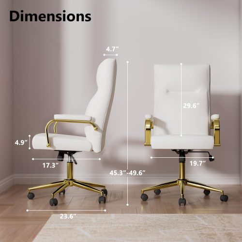 Solfway White and Gold Office Chair Memory Foam, White Leather Computer Desk Chairs with Wheels and Arms, High Back Executive Office Chair for Girl and Women - Image 2