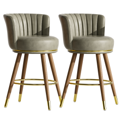 Solfway Counter Height Bar Stools, Round Seat Swivel Bar Stool Set of 2, 26 inch Low Back Leather Bar Chair with Wood Leg for Kitchen Island 300lbs, Grey