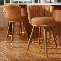 Solfway Swivel Counter Height Bar Stools Set of 2, 24 inch Brown Leather Kitchen Swivel Counter Stools with Backs, Wood Legs and Footrest, Bar Chairs for Kitchen Island