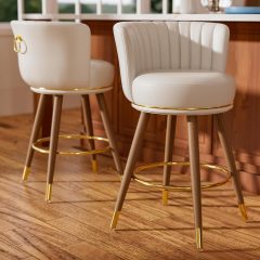 Solfway Swivel Counter Height Bar Stools Set of 2, 24 inch White Leather Kitchen Swivel Counter Stools with Backs, Wood Legs and Footrest, Bar Chairs for Kitchen Island