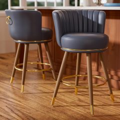 Solfway Swivel Counter Height Bar Stools Set of 2, 24 inch Blue Leather Kitchen Swivel Counter Stools with Backs, Metal Legs and Footrest, Bar Chairs for Kitchen Island