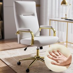 Solfway White and Gold Office Chair Memory Foam, White Leather Computer Desk Chairs with Wheels and Arms, High Back Executive Office Chair for Girl and Women