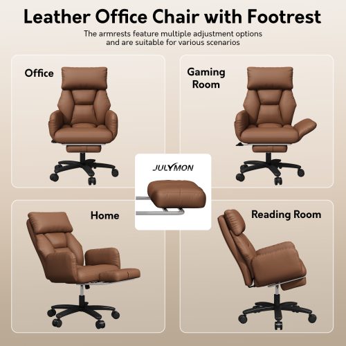 Solfway Criss Cross Desk Chair, Cross Legged Office Chair with Wheels, Brown Leather Big and Tall Reclining Office Chair 500lbs with Foot Rest, Reversible Armrests & Wide Seat - Image 8