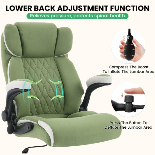 Solfway Big and Tall Office Chair 500LBS with Adjustable Lumbar Support and Padded Flip-up Arms, Green Fabric Ergonomic Executive Computer Desk Chair with Rubber Wheels and Wide Seat for Adults Teens - Image 3