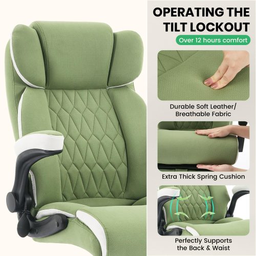Solfway Big and Tall Office Chair 500LBS with Adjustable Lumbar Support and Padded Flip-up Arms, Green Fabric Ergonomic Executive Computer Desk Chair with Rubber Wheels and Wide Seat for Adults Teens - Image 6