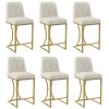 Solfway Bar Stools Set of 6, 24" Kitchen Counter Height Bar Stools with Back Golden Metal Legs and Footrest, White Leather Barstools for Kitchen Island