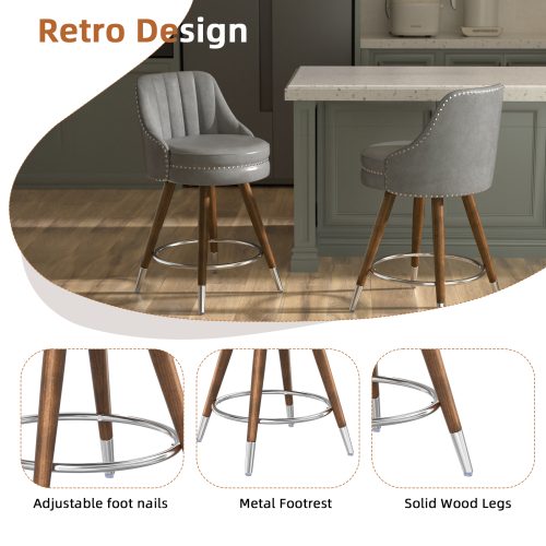 Solfway 24" Counter Height Bar stools Set of 4, Gray Leather Bar Stools with Backs, Swivel Counter Stools with Wooden Legs For Kitchen Island - Image 4