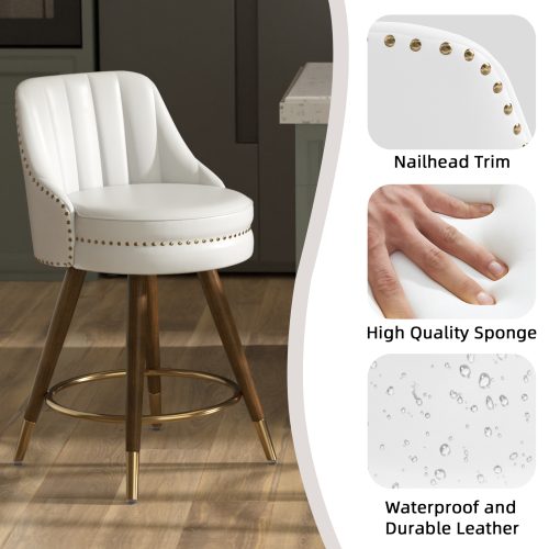 Solfway 24" Counter Height Bar stools Set of 4, White Leather Bar Stools with Backs, Swivel Counter Stools with Wooden Legs For Kitchen Island - Image 5