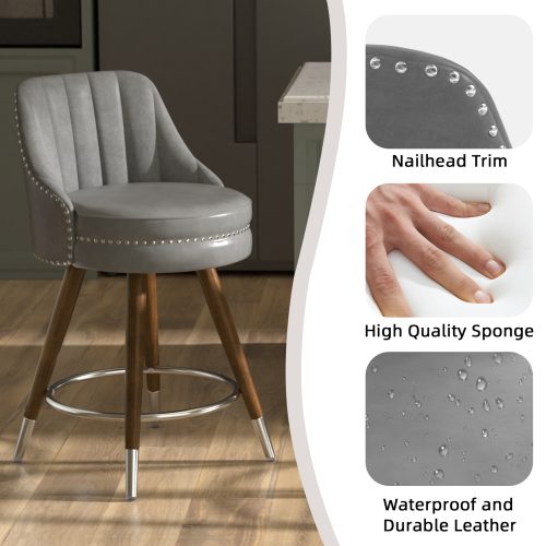 Solfway 24" Counter Height Bar stools Set of 4, Gray Leather Bar Stools with Backs, Swivel Counter Stools with Wooden Legs For Kitchen Island - Image 5