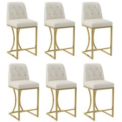 Solfway Bar Stools Set of 6, 24" Kitchen Counter Height Bar Stools with Back Golden Metal Legs and Footrest, White Leather Barstools for Kitchen Island