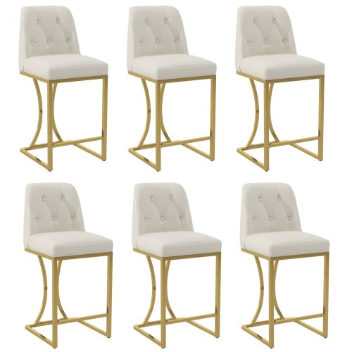 Solfway Bar Stools Set of 6, 24" Kitchen Counter Height Bar Stools with Back Golden Metal Legs and Footrest, White Leather Barstools for Kitchen Island