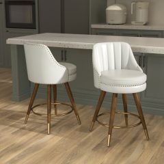 Solfway 24" Counter Height Bar stools Set of 2, White Leather Bar Stools with Backs, Swivel Counter Stools with Wooden Legs For Kitchen Island