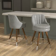 Solfway 24" Counter Height Bar stools Set of 2, Grey Leather Bar Stools with Backs, Swivel Counter Stools with Wooden Legs For Kitchen Island