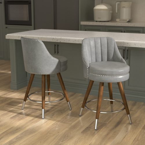 Solfway 24" Counter Height Bar stools Set of 2, Grey Leather Bar Stools with Backs, Swivel Counter Stools with Wooden Legs For Kitchen Island