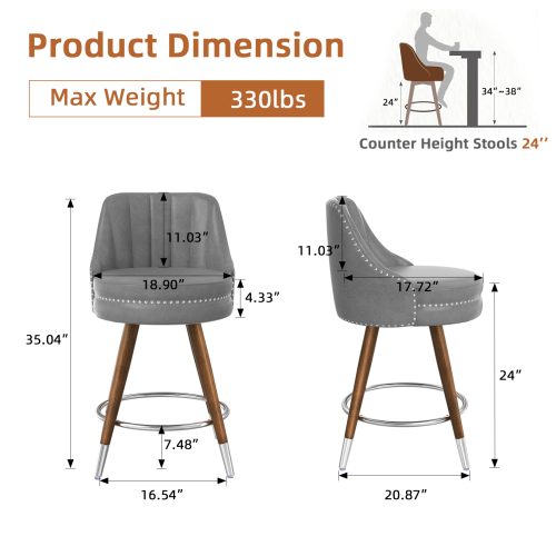 Solfway 24" Counter Height Bar stools Set of 4, Gray Leather Bar Stools with Backs, Swivel Counter Stools with Wooden Legs For Kitchen Island - Image 2