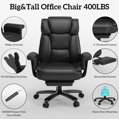 Solfway Big and Tall Office Chair 400lbs, Reclining Home Office Desk Chair with Footrest for Adult, High Back Wide Seat Executive Computer Chair, Black - Image 5