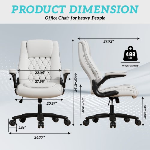 Solfway Big and Tall Office Chair 400LBS, High Back White Leather Executive Office Chair, Computer Desk Chairs with Adjustable Flip-up Arms, Wheels and Lumbar Support - Image 2