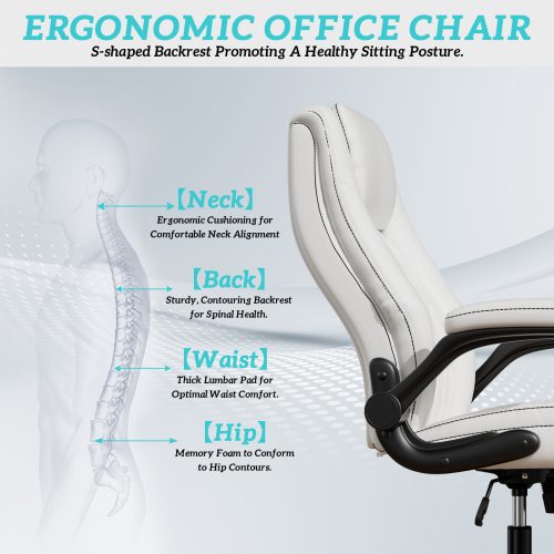 Solfway Big and Tall Office Chair 400LBS, High Back White Leather Executive Office Chair, Computer Desk Chairs with Adjustable Flip-up Arms, Wheels and Lumbar Support - Image 6