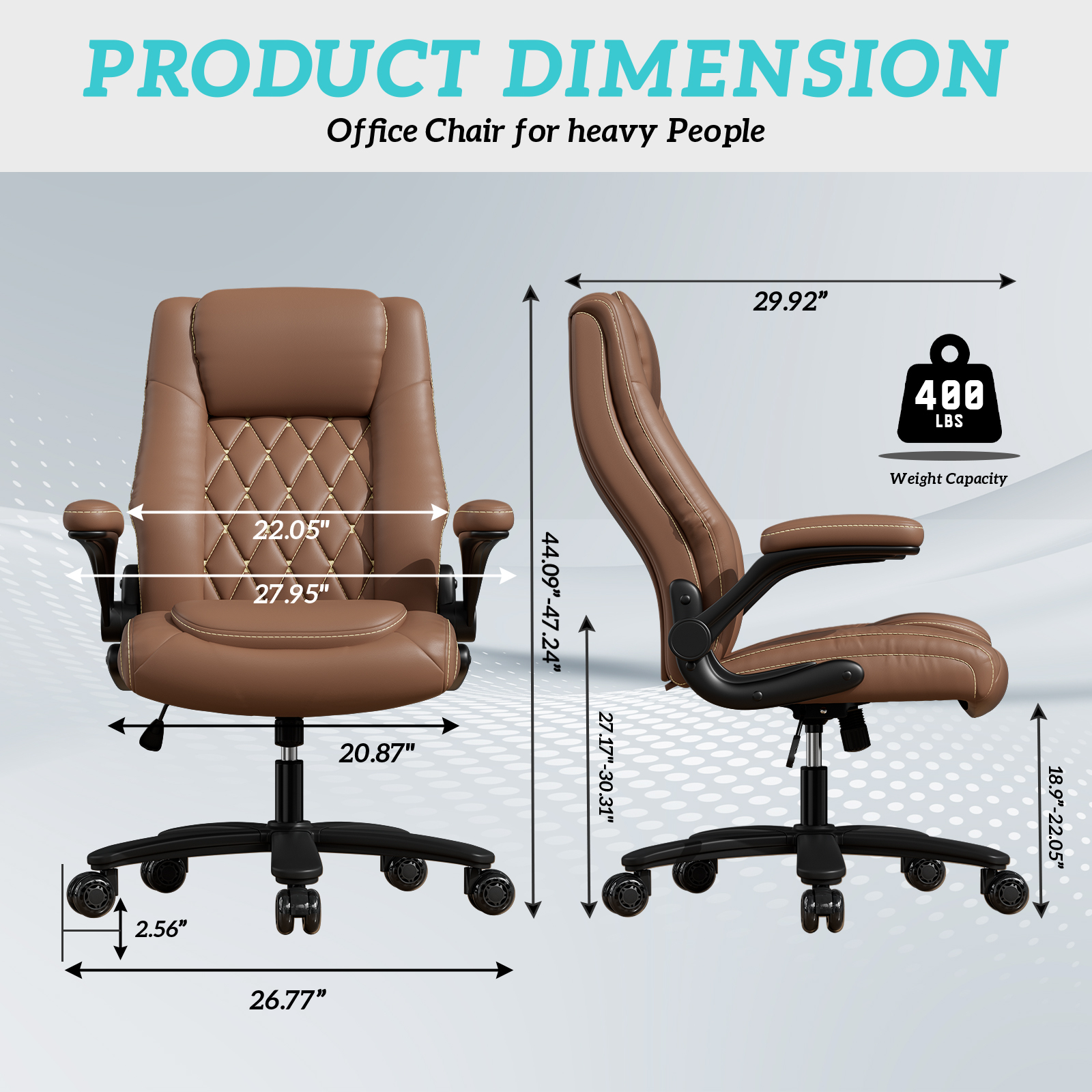 Solfway Big and Tall Office Chair 400LBS, High Back Brown Leather Executive Office Chair, Computer Desk Chair with Adjustable Flip-up Arms, Wheels and Lumbar Support - Image 2
