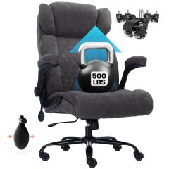 Solfway Big and Tall Office Chair 500LBS with Adjustable Lumbar Support and Padded Flip-up Arms, Gray Fabric Ergonomic Executive Computer Desk Chair with Rubber Wheels and Wide Seat for Adults Teens