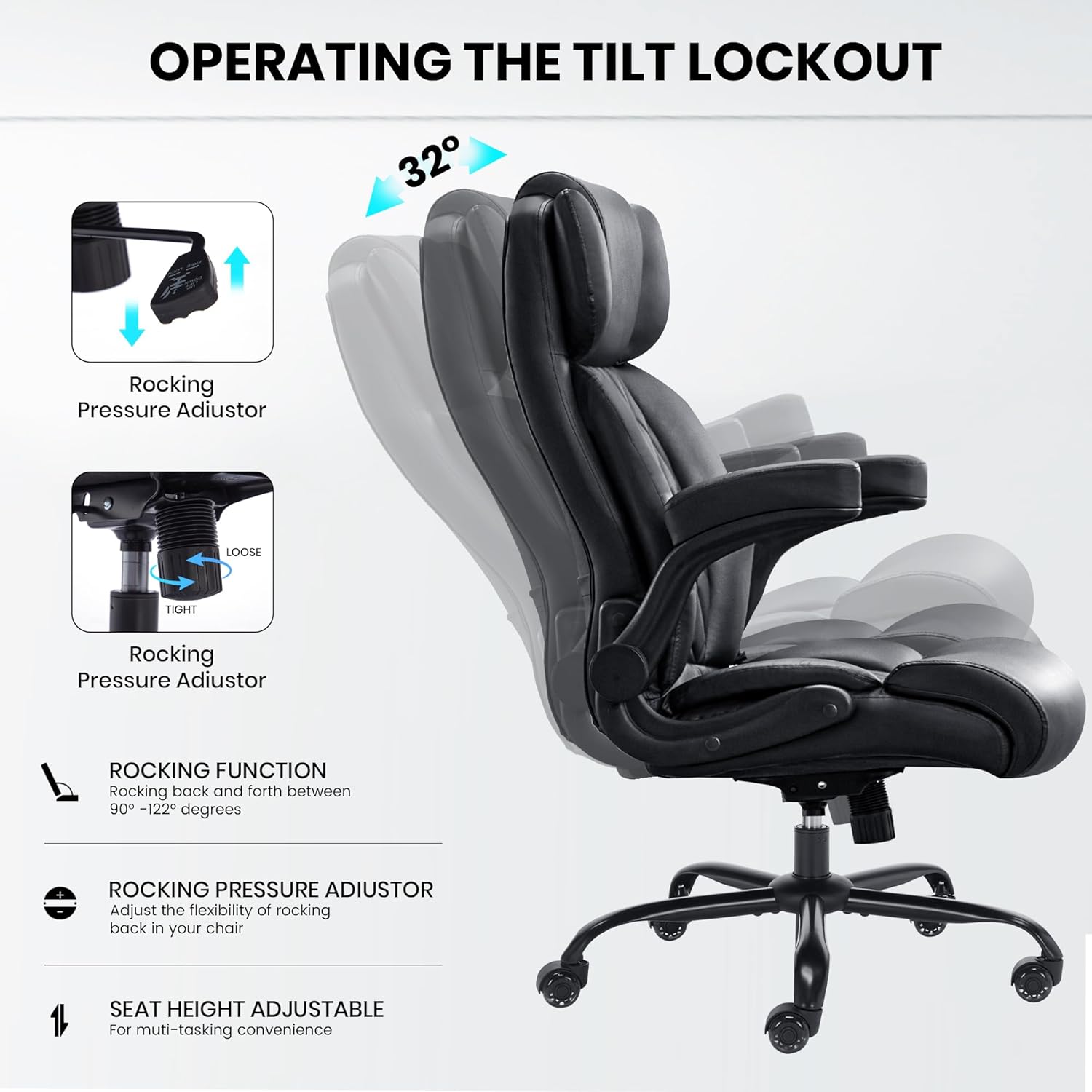 Solfway Big and Tall Office Chair 500LBS with Adjustable Lumbar Support and Padded Flip-up Arms, Black PU Leather Executive Computer Desk Chair with Rubber Wheels and Wide Seat for Adults Teens - Image 4
