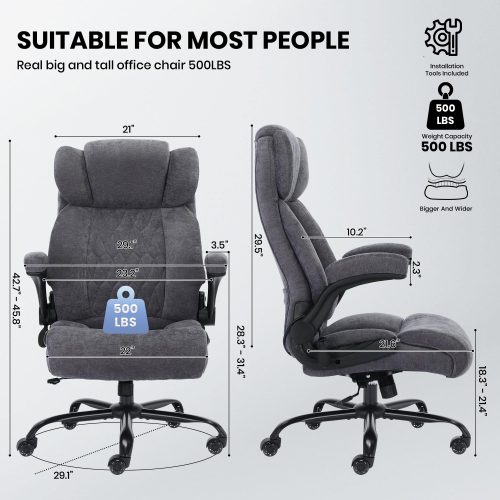 Solfway Big and Tall Office Chair 500LBS with Adjustable Lumbar Support and Padded Flip-up Arms, Gray Fabric Ergonomic Executive Computer Desk Chair with Rubber Wheels and Wide Seat for Adults Teens - Image 2