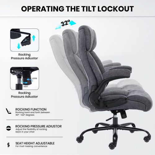 Solfway Big and Tall Office Chair 500LBS with Adjustable Lumbar Support and Padded Flip-up Arms, Gray Fabric Ergonomic Executive Computer Desk Chair with Rubber Wheels and Wide Seat for Adults Teens - Image 3